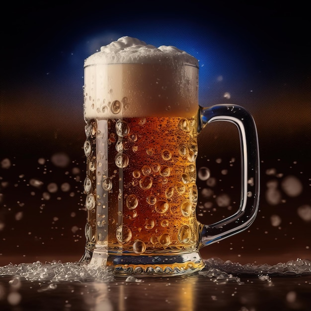 Glass of fresh and cold beer on dark background generative ai