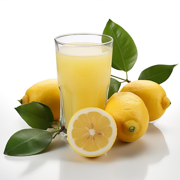 Glass of fresh lemon juice on white background