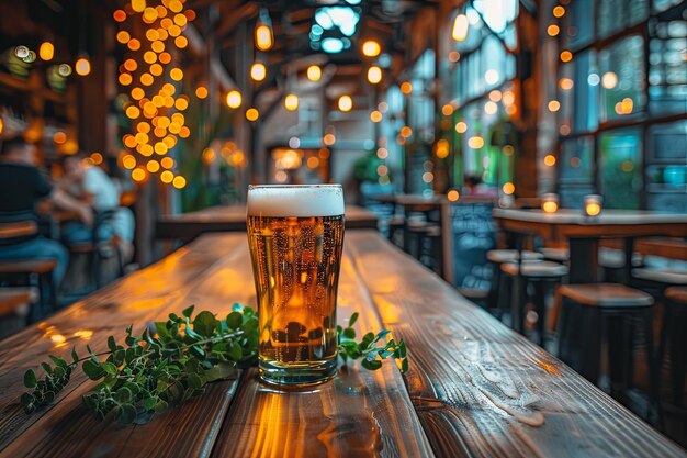 A glass of fresh light beer on a wooden table in a pub Blurred background with lights International Beer Day