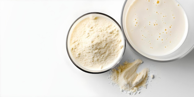 Glass of Fresh Milk with Protein Powder on White Background Concept Food Photography Nutritious Drink Healthy Beverage Clean Eating