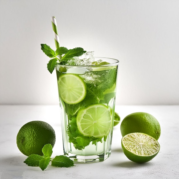 Glass of fresh mojito close up against a white background