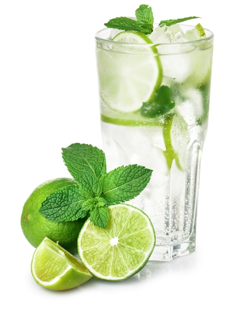 Glass of fresh mojito on white