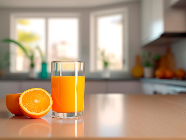 Glass of fresh orange juice on table in kitchen Space for textAI Generated