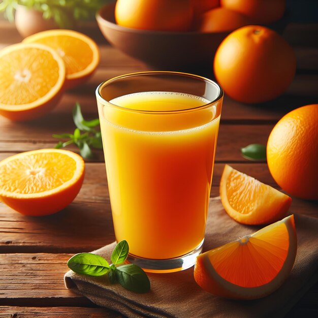 Glass of fresh orange juice on wooden table