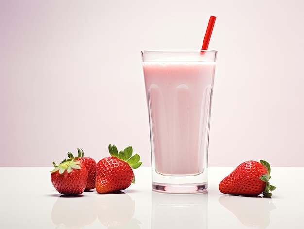 A glass of fresh strawberry smoothie or milkshake juice and refreshment organic concept