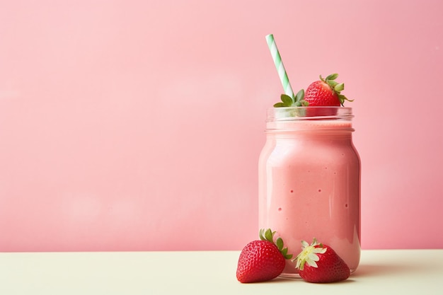 A glass of fresh strawberry smoothie or milkshake juice and refreshment organic concept