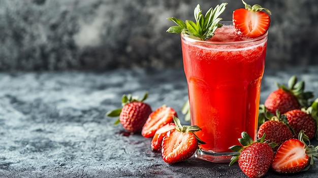 A glass of fresh strawberry smoothie with whole strawberries and mint leaves on a grey background