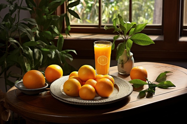 Glass of freshly pressed orange juice with orange on wooden table