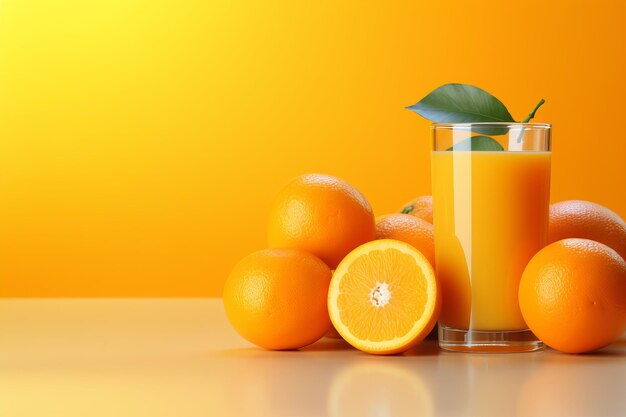 Glass of freshly squeezed orange juice with juicy oranges on an orange background Copy space