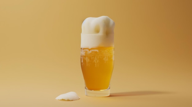 A glass of frothy golden beer against a solid yellow backdrop with foam spilling over the top