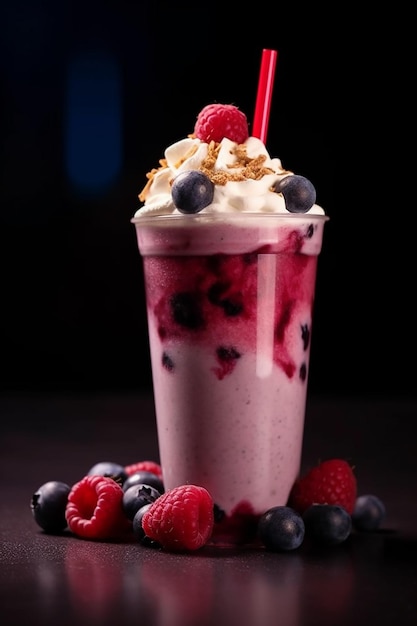 A glass of frozen raspberry milkshake with a red straw and blueberries on top