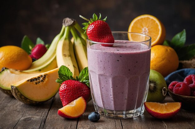 a glass of fruit and bananas with a strawberries and a glass of milk