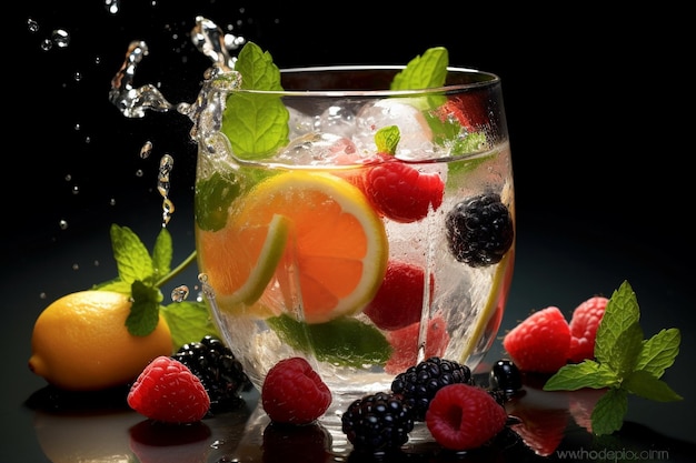 A glass of fruit and a drink with a splash of water