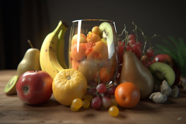 A glass of fruit is sitting on a table with a bunch of grapes and other fruits.