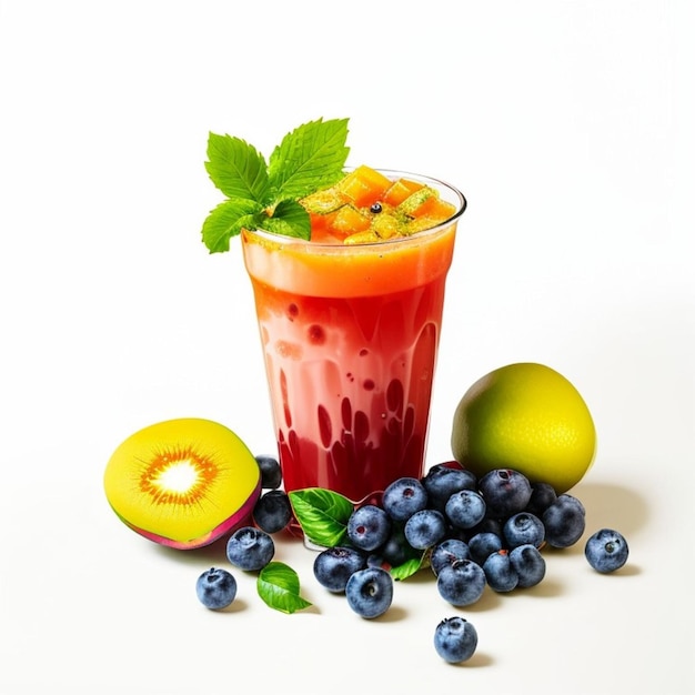 A glass of fruit juice with green leaf