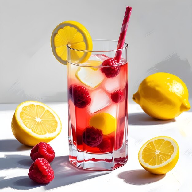 a glass of fruit juice with a lemon wedge and a strawberry on the bottom