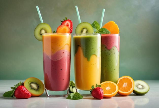 a glass of fruit juice with strawberries and kiwi fruit