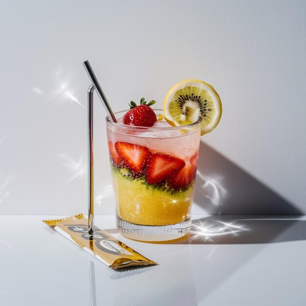 Photo a glass of fruit juice with strawberries and lemons on the table