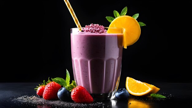 a glass of fruit juice with strawberries strawberries and oranges