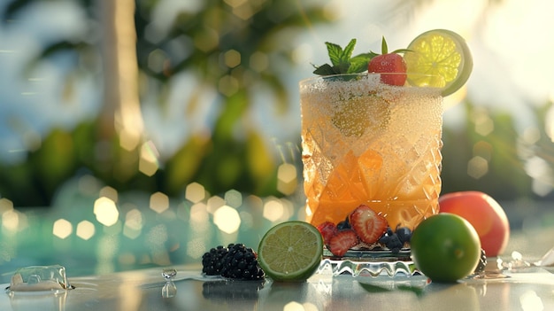 a glass of fruit sits on a table with a fruit and a fruit in it