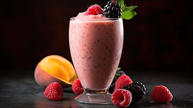 A glass of fruit smoothie with a pink drink and blackberries on the table