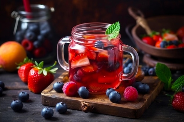 A glass of fruit tea with a blue background