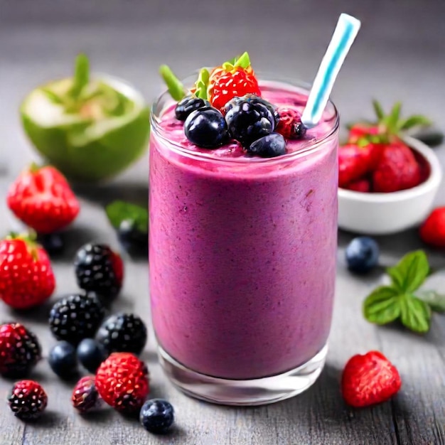 a glass of fruit with berries and berries on a wooden table