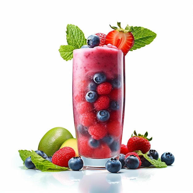 A glass of fruit with a blueberry and raspberry drink in it