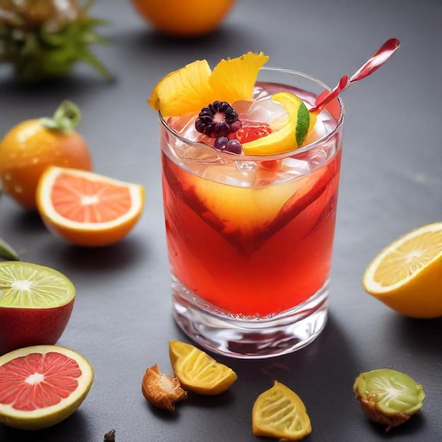 a glass of fruit with a straw in it and a fruit in the middle