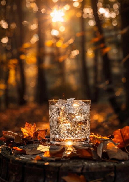 A glass of gin on the rocks in front of a forest backdrop with autumn leaves scattered around