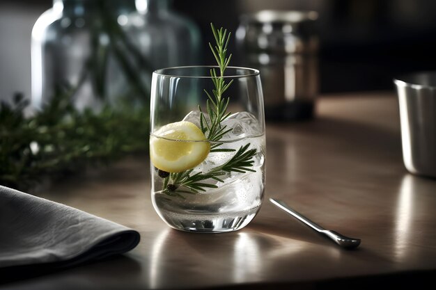 A glass of gin with a lemon on the rim sits on a table next to a spoon.