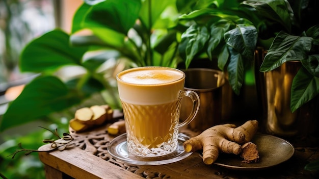 A glass of ginger tea sits on a table next to a pot of ginger.