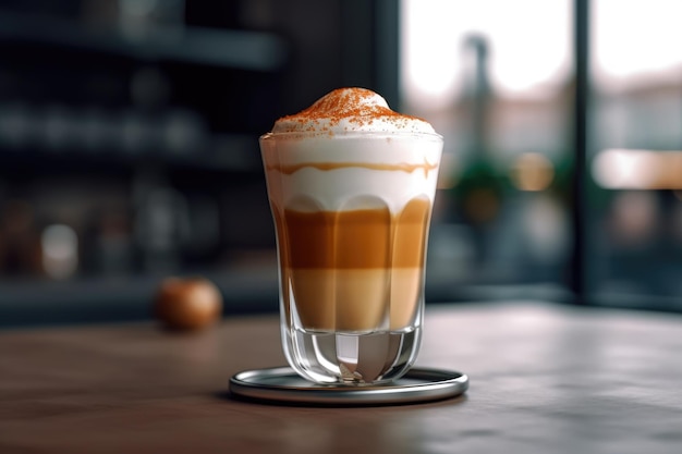 A glass glass of latte macchiato coffee on a table in a cafe AI generated