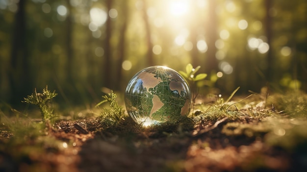 A glass globe in the forest with the sun shining on it.