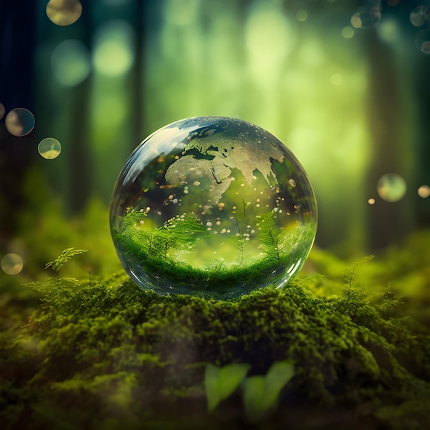 Glass Globe On Grass Moss In Forest - Green Planet With Abstract Defocused Bokeh Lights