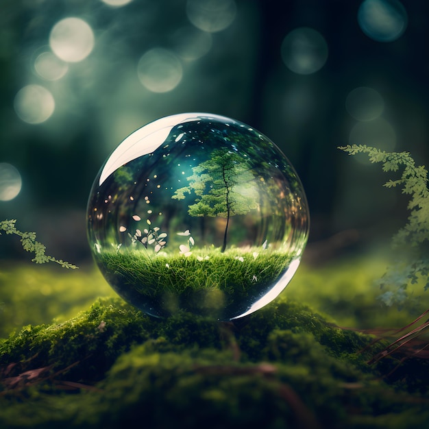 Glass Globe On Grass Moss In Forest - Green Planet With Abstract Defocused Bokeh Lights