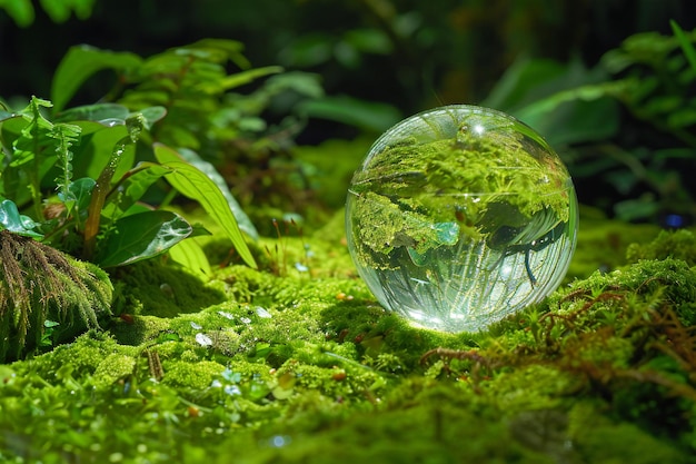 Glass globe on green moss in the garden with nature background environment concept