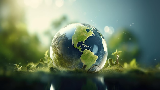 A glass globe is surrounded by grass and the sun is shining.