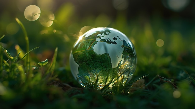 A glass globe lies on the grass in the sun