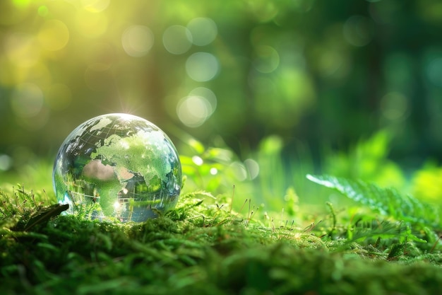 Glass globe on moss in forest with bokeh lights