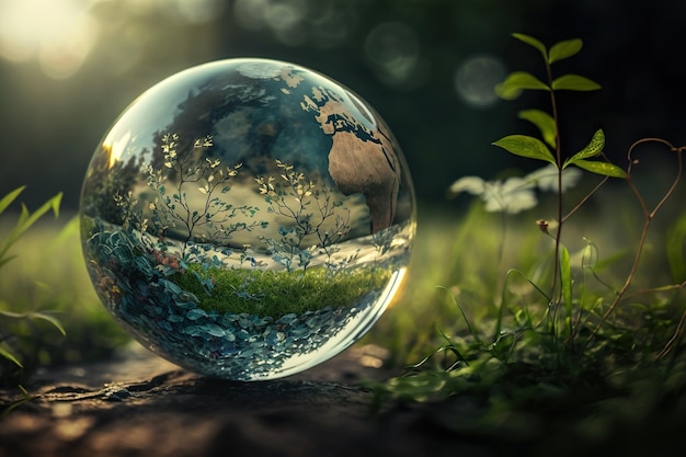 Glass globe in the in nature concept for eco friendly enviroment and conservation generative ai