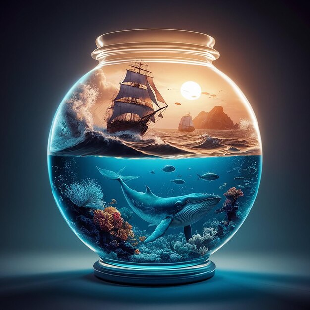 Photo glass globe ocean scene with sailboat and whale