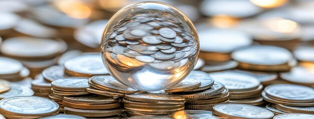 A glass globe reflecting the richness of coins atop a glistening stack against a soft luminous background