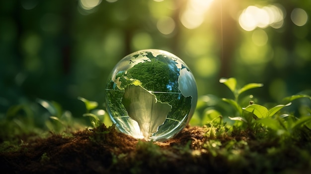 A glass globe sits on a forest floor with the sun shining through it.