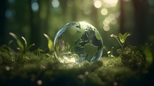 A glass globe sits on the grass in the sunlight.