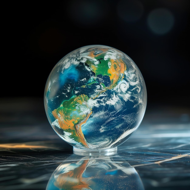 Photo a glass globe on a table with a dark background