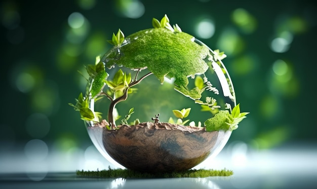 Glass globe with artificial plants and sand inside Close up Blurred green backdrop Generative AI