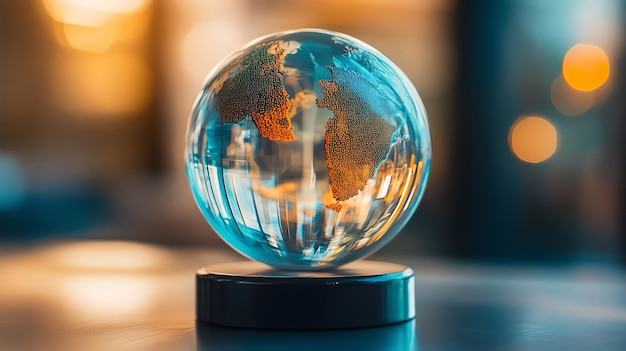 Photo glass globe with a blue and orange earth design on a dark base