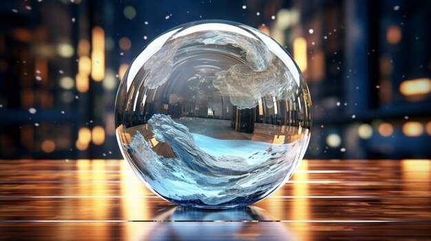 a glass globe with a city in the background