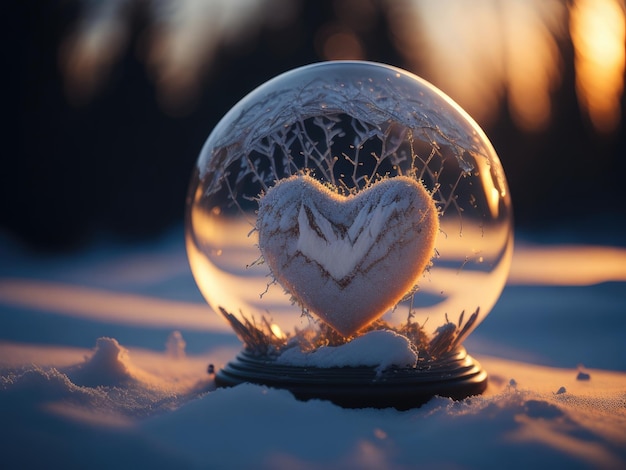 Glass globe with a heart placed on the snow ai generative